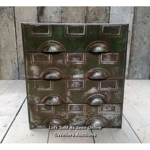 32 - Metal industrial drawer unit. Remains of original green paint. For restoration. All drawers run. 38c... 