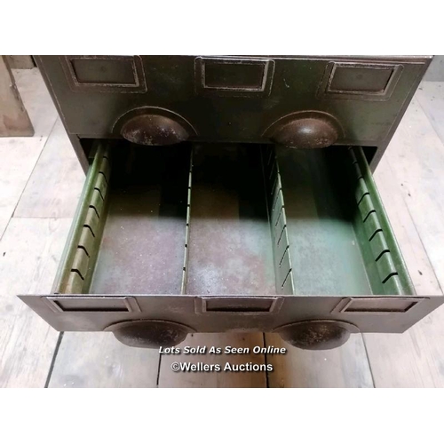 32 - Metal industrial drawer unit. Remains of original green paint. For restoration. All drawers run. 38c... 