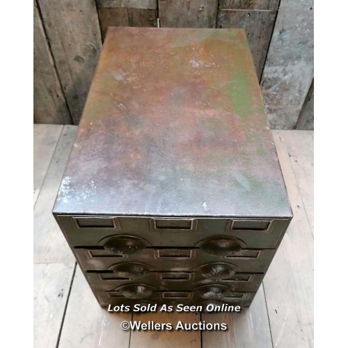 32 - Metal industrial drawer unit. Remains of original green paint. For restoration. All drawers run. 38c... 