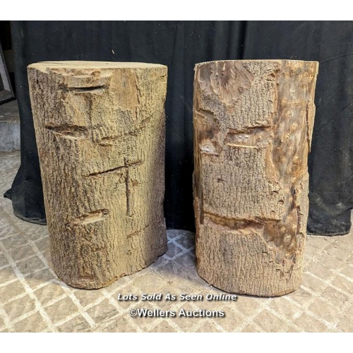 33 - 2 stumps for use as rustic stools. Hardwood with some bark. Fully seasoned. Approx 62cm high, 30cm a... 