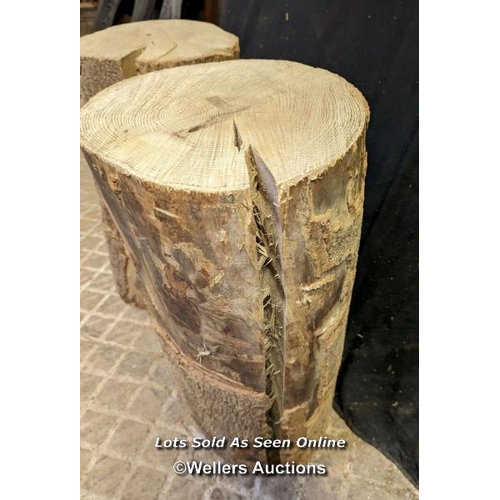 33 - 2 stumps for use as rustic stools. Hardwood with some bark. Fully seasoned. Approx 62cm high, 30cm a... 