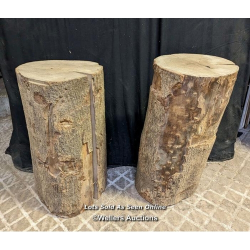 33 - 2 stumps for use as rustic stools. Hardwood with some bark. Fully seasoned. Approx 62cm high, 30cm a... 