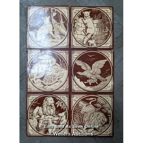 35 - Set of 6 Minton aesop's fables tiles. Possibly designed by J Moyr Smith 1872 to 1875. 6