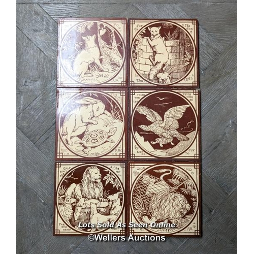 35 - Set of 6 Minton aesop's fables tiles. Possibly designed by J Moyr Smith 1872 to 1875. 6