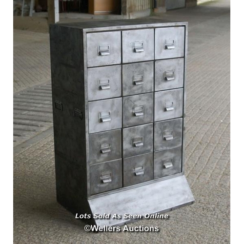 42 - Industrial metal drawer unit. Stripped to bare metal and laquered. 15 drawers. 112cm H x 71cm W x 41... 