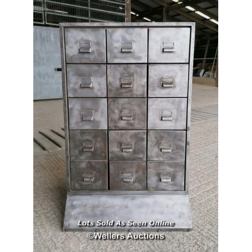 42 - Industrial metal drawer unit. Stripped to bare metal and laquered. 15 drawers. 112cm H x 71cm W x 41... 