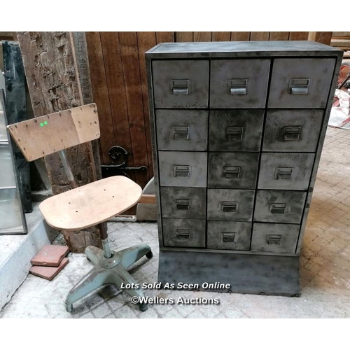 42 - Industrial metal drawer unit. Stripped to bare metal and laquered. 15 drawers. 112cm H x 71cm W x 41... 