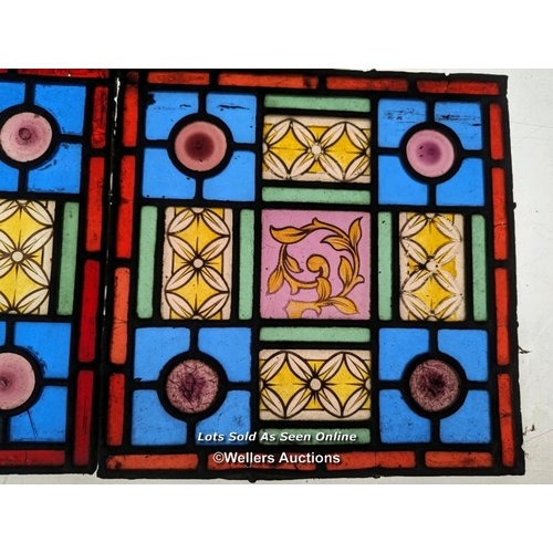 45 - 3 pieces of good Victorian handpainted stained glass panels. Some damage, see photos. Size each 27cm... 