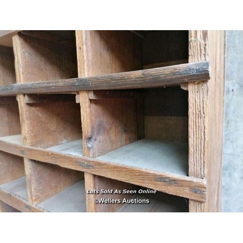 46 - Old pine cigar holder, cubby hole from a tobacconists. 36 spaces. 170cm H x 65cm W x 21cm D