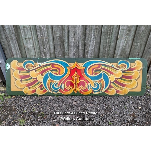 47 - A pair of handpainted fairground waltzer boardings. Each 61cm high by 226cm long. Some paint loss, p... 