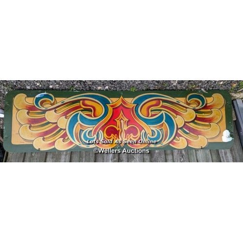 47 - A pair of handpainted fairground waltzer boardings. Each 61cm high by 226cm long. Some paint loss, p... 