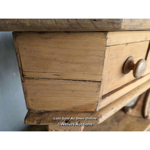 53 - Unusual Victorian corner table with drawers. Stripped pine. Waxed. 81cm H x 86cm W x 51cm D