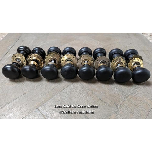 62 - Set of 8 ex shop stock hardwood wood handles with brass 'flowe' back plates. Never been used. Handle... 