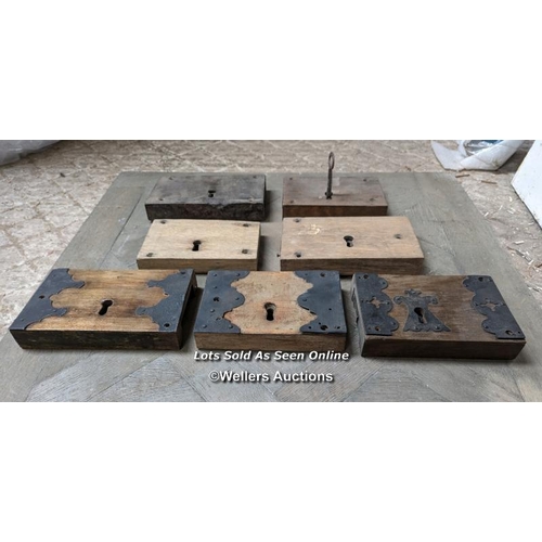 66 - 7 Antique box locks. Gothic metal details. 6 original locks. No keys or keeps. Sizes approx 14cm x 2... 