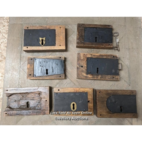 66 - 7 Antique box locks. Gothic metal details. 6 original locks. No keys or keeps. Sizes approx 14cm x 2... 