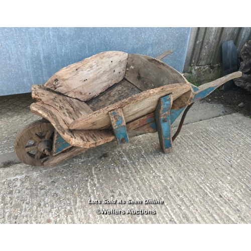 8 - Elm wheelbarrow for restoration, planter or decoration. Later wheel unattached