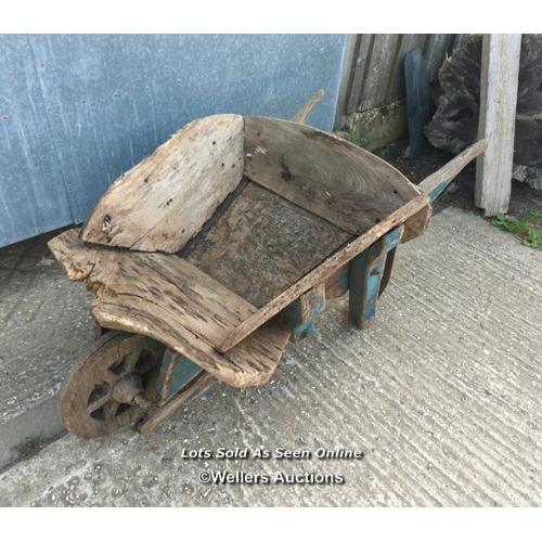 8 - Elm wheelbarrow for restoration, planter or decoration. Later wheel unattached