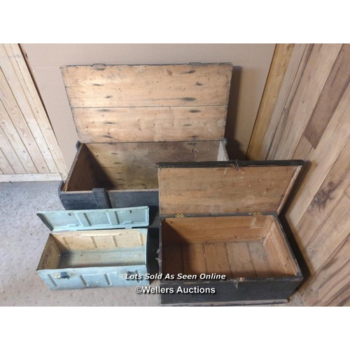 9 - 3 boxes. Pine blanket box,  some trim from lid missing. Metal ammo box. Naval box belonging to Comma... 