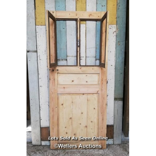 99 - Victorian pine door from France with opening window section. Size 81.5cm x 195cm x 3cm thick.