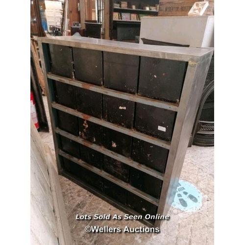 171 - Set of industrial metal drawers by slingsby. 20 drawers. 1950 to 1960s. 107cm H x 92cm x 31cm D