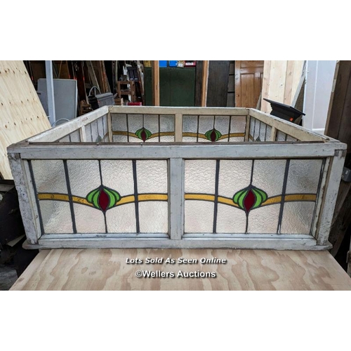 179 - Stained glass roof lantern. Made up of 4 panels with pine frames. 132cm x 48cm. For restoration