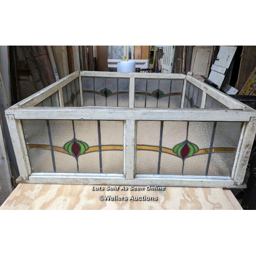 179 - Stained glass roof lantern. Made up of 4 panels with pine frames. 132cm x 48cm. For restoration