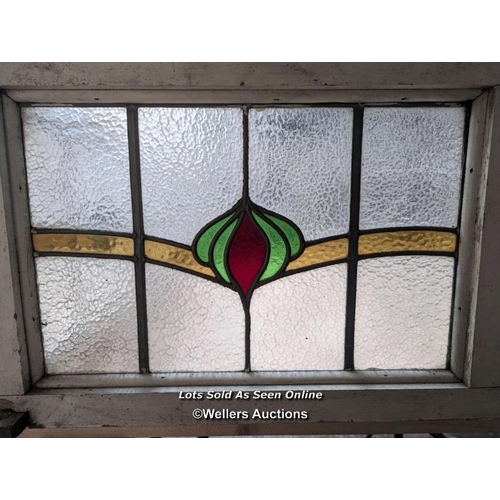 179 - Stained glass roof lantern. Made up of 4 panels with pine frames. 132cm x 48cm. For restoration