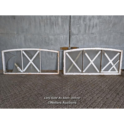 227 - 2 Victorian arched windows from Kings Cross train station, London. 185cm W x approx 86cm H. Needing ... 