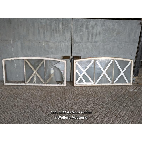 227 - 2 Victorian arched windows from Kings Cross train station, London. 185cm W x approx 86cm H. Needing ... 