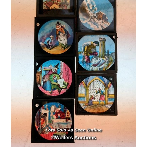 228 - 11 magic lantern slides, fairy tale themed. 8cm x 8cm