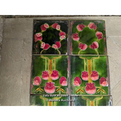 232 - Set of 10 Art Nouveau fireplace tiles C1910. One tile missing a section and broken. Size 6