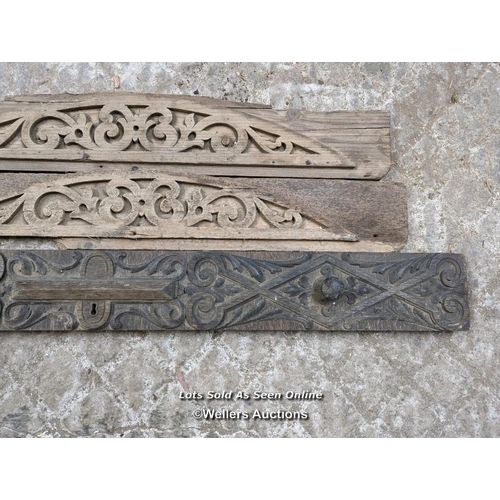 236 - 3 handcarved panels for restoration. 2 pine and one oak. 11cm each by 76cm to 107cm