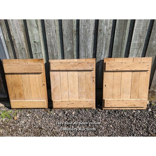 241 - 3 Arts and crafts solid oak plank cupboard doors. 2 at 68cm W x 78cm T and one at 59cm W x 79cm T