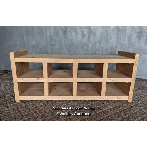 246 - Reclaimed pine shoe holder and seat. Stained and unfinished. 120cm W x 50cm H x 40cm D