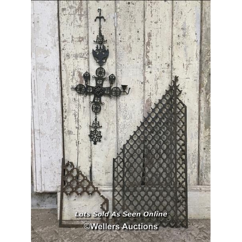 247 - Cast iron church grill and cruciform candle holder. Both with missing parts. Grill is 45cm x 93cm ta... 