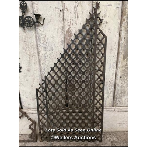 247 - Cast iron church grill and cruciform candle holder. Both with missing parts. Grill is 45cm x 93cm ta... 