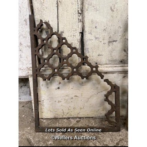 247 - Cast iron church grill and cruciform candle holder. Both with missing parts. Grill is 45cm x 93cm ta... 