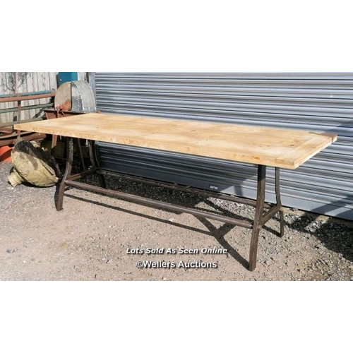 248 - Dining table with cast iron base and reclaimed pine top. 8 to 10 seater. 240cm L x 88cm W x 76cm H. ... 