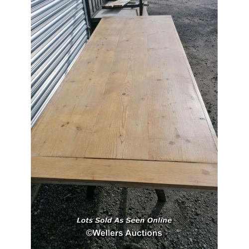 248 - Dining table with cast iron base and reclaimed pine top. 8 to 10 seater. 240cm L x 88cm W x 76cm H. ... 