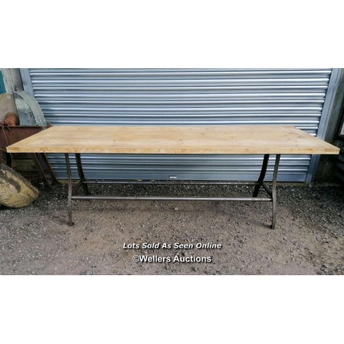 248 - Dining table with cast iron base and reclaimed pine top. 8 to 10 seater. 240cm L x 88cm W x 76cm H. ... 