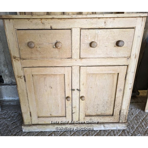 251 - Stripped pine Victorian dresser for restoration. Open shelf over two drawers and two cupboards. 111c... 