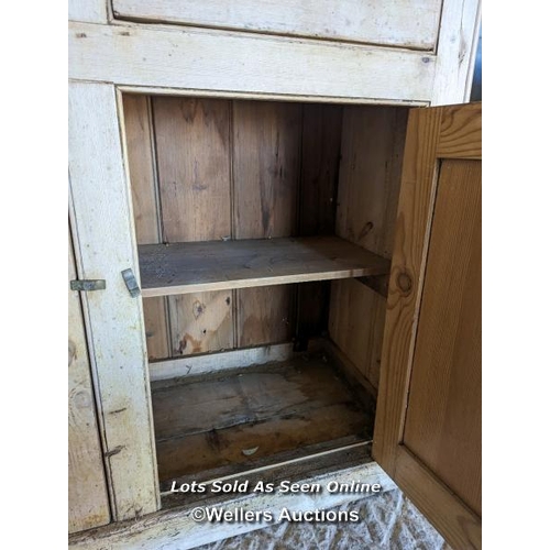 251 - Stripped pine Victorian dresser for restoration. Open shelf over two drawers and two cupboards. 111c... 