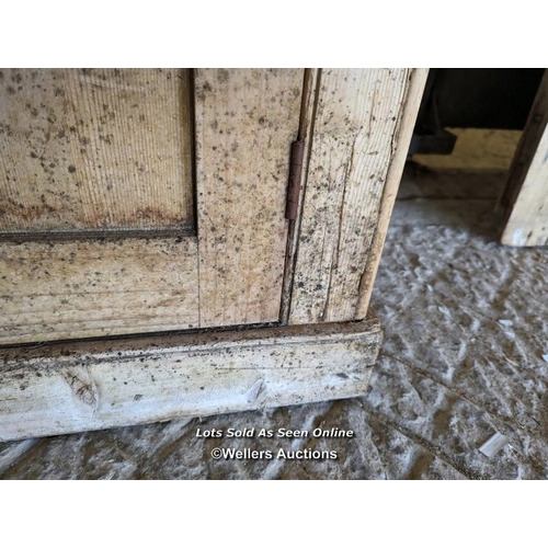 251 - Stripped pine Victorian dresser for restoration. Open shelf over two drawers and two cupboards. 111c... 