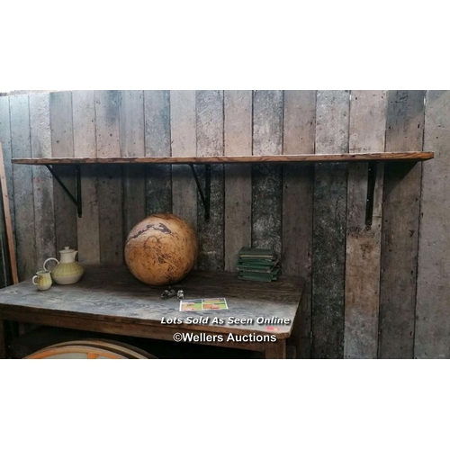 255 - Large pine shelf with victorian metal support brackets. Pine has been sanded. 223cm L x 32cm D