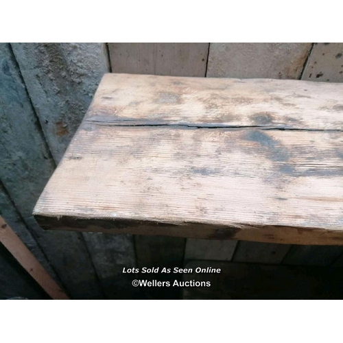 255 - Large pine shelf with victorian metal support brackets. Pine has been sanded. 223cm L x 32cm D