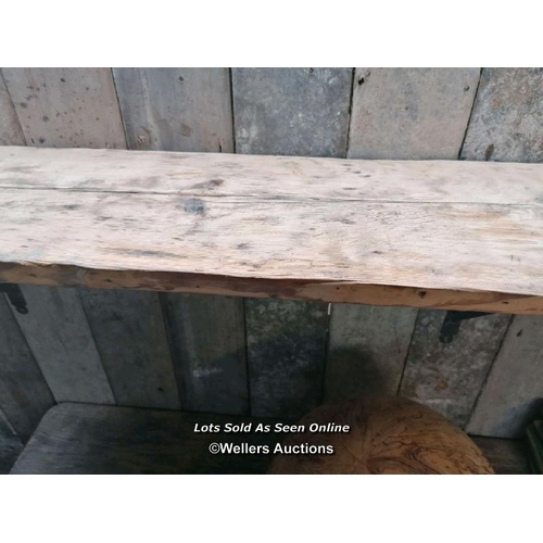 255 - Large pine shelf with victorian metal support brackets. Pine has been sanded. 223cm L x 32cm D