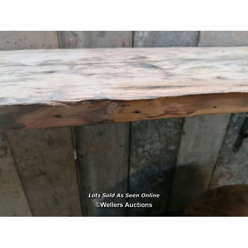 255 - Large pine shelf with victorian metal support brackets. Pine has been sanded. 223cm L x 32cm D