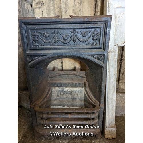 261 - 4 cast iron fireplaces for restoration inc small surround with 74cm wide mantel, insert for tiles 94... 