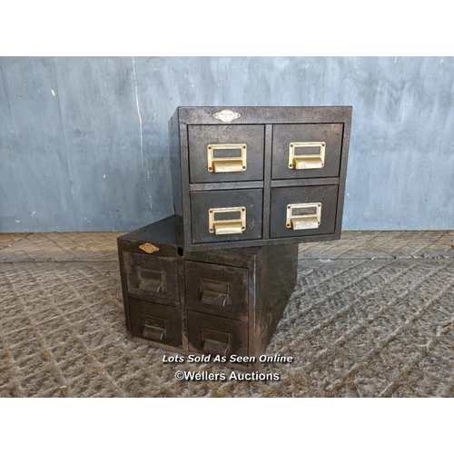 262 - 2 metal four drawer filing cabinets C1930 with brass handles/card holders. Some rust and paint loss