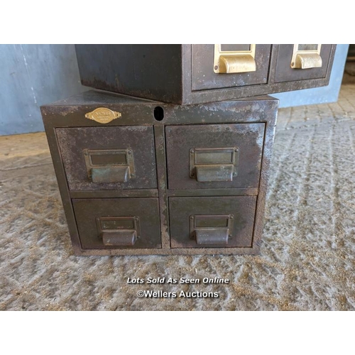 262 - 2 metal four drawer filing cabinets C1930 with brass handles/card holders. Some rust and paint loss